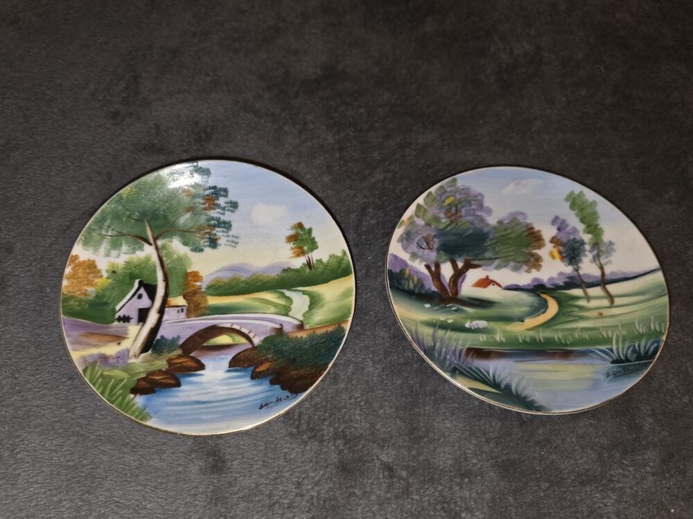 Pair Vintage UCAGCO 1949-1950 China Hand Painted Japan Landscape Wall Plates